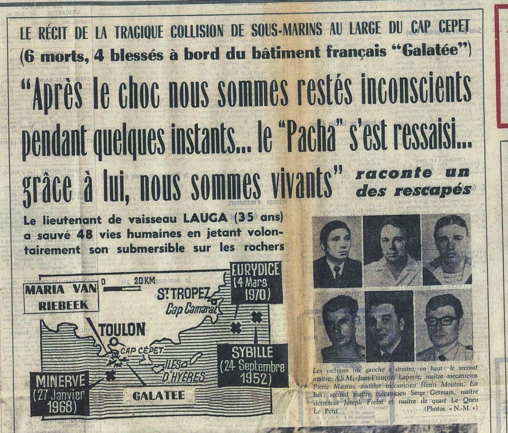 Le quotidien Nice-Matin relate l'accident des deux sous-marins dans ses pages le 22 août 1970.