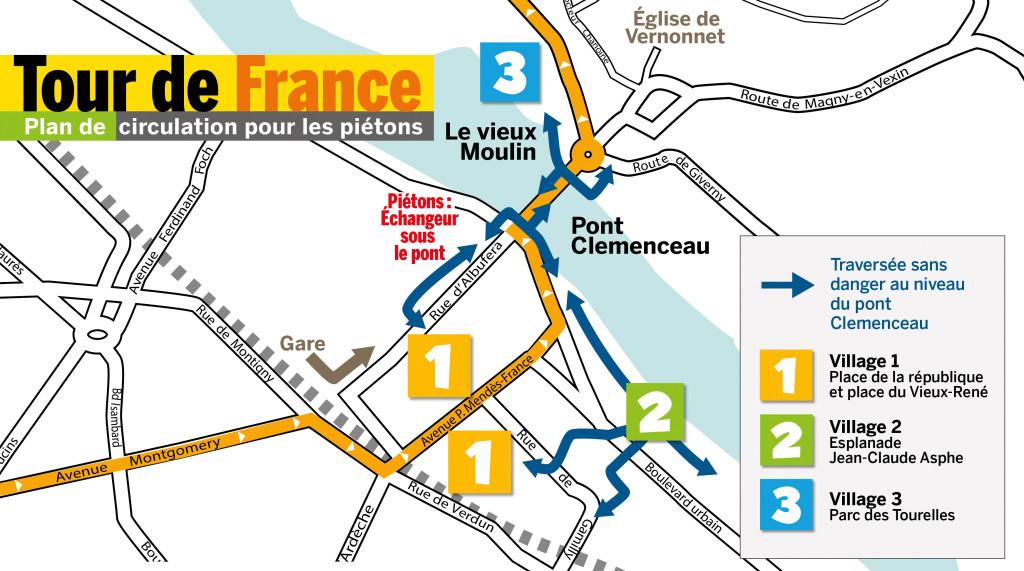Le passage du Tour de France à Vernon nécessite d’interdire la circulation et le stationnement dans les rues impactées par l’itinéraire du Tour le samedi 14 juillet de 8h à 14h (voir le plan offert avec le VD). La réouverture à la circulation se fera progressivement à partir de 14h. Parce que votre sécurité est notre priorité, il est indipensable de prendre les mesures nécessaires pour sécuriser l’ensemble du périmètre de la traversée. Des itinéraires de déviation et parkings seront mis en place. Dès le vendredi 13 juillet 17h, aucune voiture ne devra être stationnée tout le long du parcours et au sein des villages sous peine de mise en fourrière. Le pont Clémenceau sera également fermé à la circulation dès 22h30 le vendredi 13 juillet pour les préparatifs du feu d’artifice et ce, jusqu’à minuit. Des itinéraires de déviation sont mis en place par le Conseil départemental.