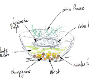 Velouté de courgette Bio de chez Jean-Marc Guitel (à Lommoye) Fricassée de champignons, abricot, noisette