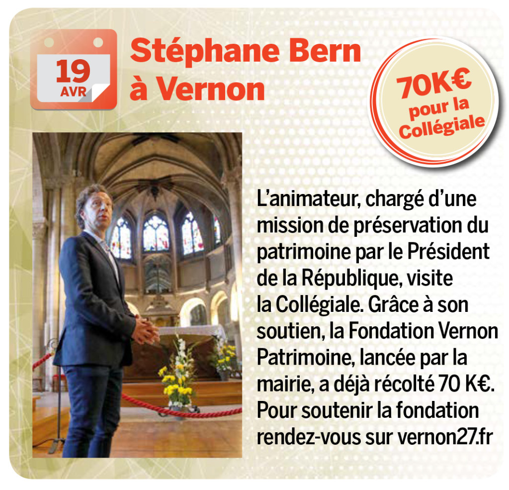 L’animateur, chargé d’une mission de préservation du patrimoine par le Président de la République, visite la Collégiale. Grâce à son soutien, la Fondation Vernon Patrimoine, lancée par la mairie, a déjà récolté 70 K€. Pour soutenir la fondation rendez-vous sur vernon27.fr