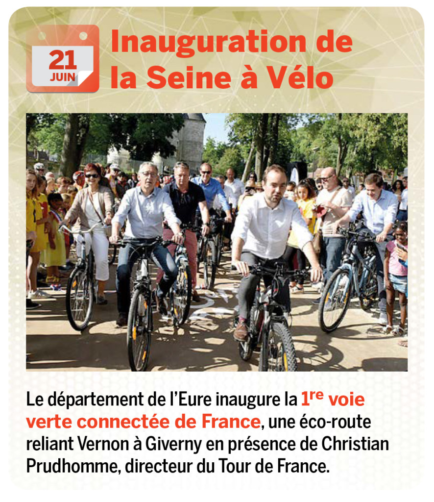 Le département de l’Eure inaugure la 1re voie verte connectée de France, une éco-route reliant Vernon à Giverny en présence de Christian Prudhomme, directeur du Tour de France.