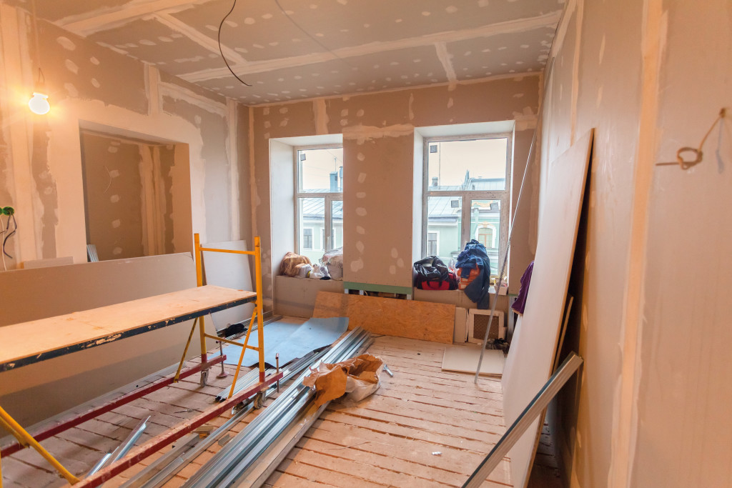 Material for repairs in an apartment is under construction, remodeling, rebuilding and renovation. Making walls from gypsum plasterboard or drywall.