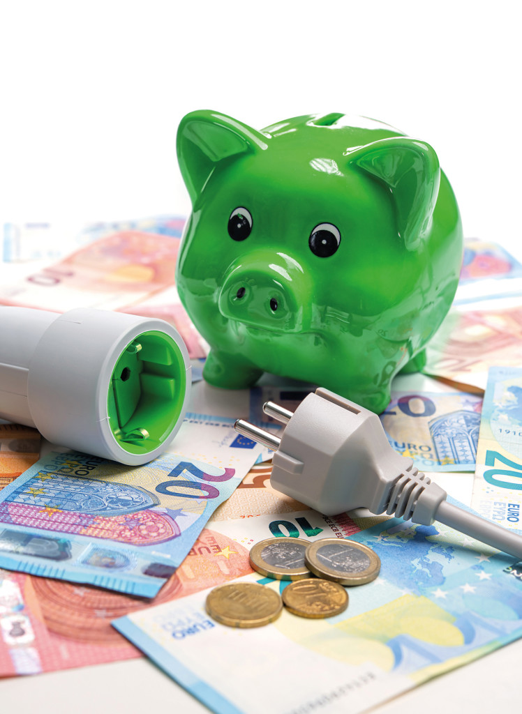 Energy cost, saving energy concept. Piggy bank with socket and plug and money