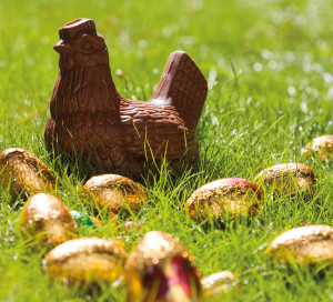 Eggs and chocolate hen in the grass