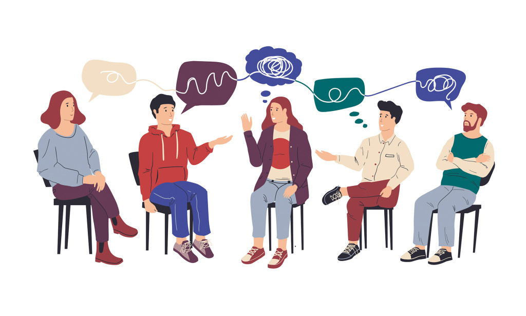 Group therapy. Cartoon people at collective psychotherapy. Counseling and mental health support from addiction, psychologist help session. Cute men and women with speech bubbles, vector illustration