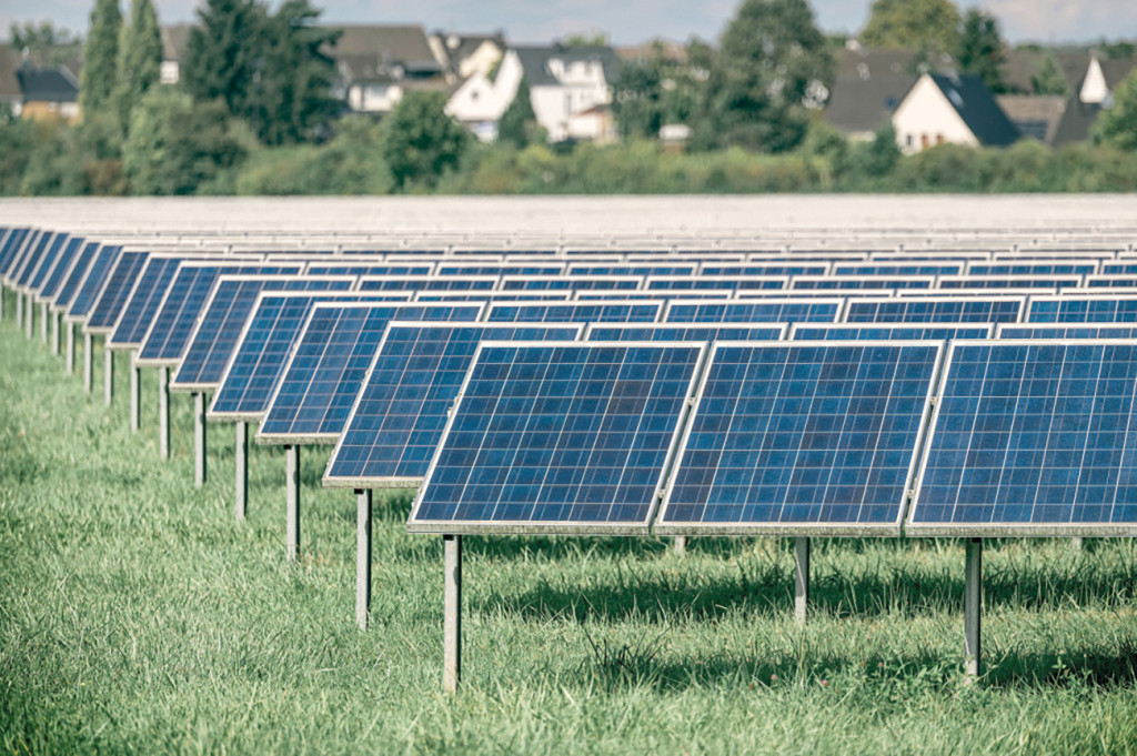 Solar park with many solar panels in an open-space photovoltaic system