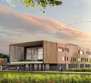 La proue du bâtiment, habillée d’un alliage de cuivre donne un aspect moderne au futur collège.