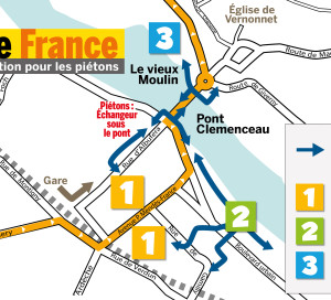 Le passage du Tour de France à Vernon nécessite d’interdire la circulation et le stationnement dans les rues impactées par l’itinéraire du Tour le samedi 14 juillet de 8h à 14h (voir le plan offert avec le VD). La réouverture à la circulation se fera progressivement à partir de 14h. Parce que votre sécurité est notre priorité, il est indipensable de prendre les mesures nécessaires pour sécuriser l’ensemble du périmètre de la traversée. Des itinéraires de déviation et parkings seront mis en place. Dès le vendredi 13 juillet 17h, aucune voiture ne devra être stationnée tout le long du parcours et au sein des villages sous peine de mise en fourrière. Le pont Clémenceau sera également fermé à la circulation dès 22h30 le vendredi 13 juillet pour les préparatifs du feu d’artifice et ce, jusqu’à minuit. Des itinéraires de déviation sont mis en place par le Conseil départemental.