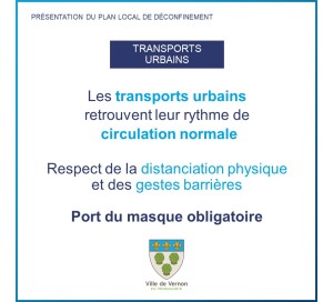 A partir du 11 mai, les bus de ville reprennent leurs horaires d’avant la crise. A bord, les gestes barrière et le port du masque y sont obligatoires. Il n’est plus possible d’acheter des tickets au chauffeur. Par ailleurs, la distanciation physique doit être respectée grâce à un marquage au sol. Les transports scolaires reprennent pour les établissements ouverts, une alerte SMS est prévue en cas de modification des horaires.