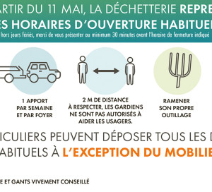 Depuis le déconfinement en mai, les déchetteries du territoire connaissent une forte affluence. Il est donc demandé aux usagers de respecter strictement les consignes énoncées ci-dessus. La sécurité est l’affaire de tous ! lundi-samedi 9h/12h-14h/18h