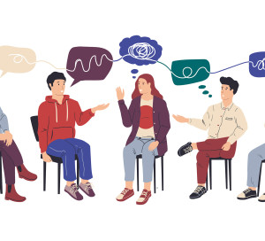 Group therapy. Cartoon people at collective psychotherapy. Counseling and mental health support from addiction, psychologist help session. Cute men and women with speech bubbles, vector illustration